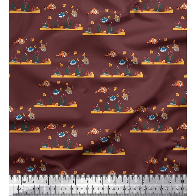 Soimoi Velvet Fabric Coral & Fish Ocean Print Fabric by Yard 58 Inch Wide