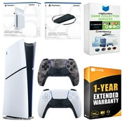Sony PlayStation 5 Slim Digital Bundle with Disc Drive, Extra Controller, Vertical Stand, MightySkins Game Collection Services and 1 Year Extended Warranty - Gray Camo