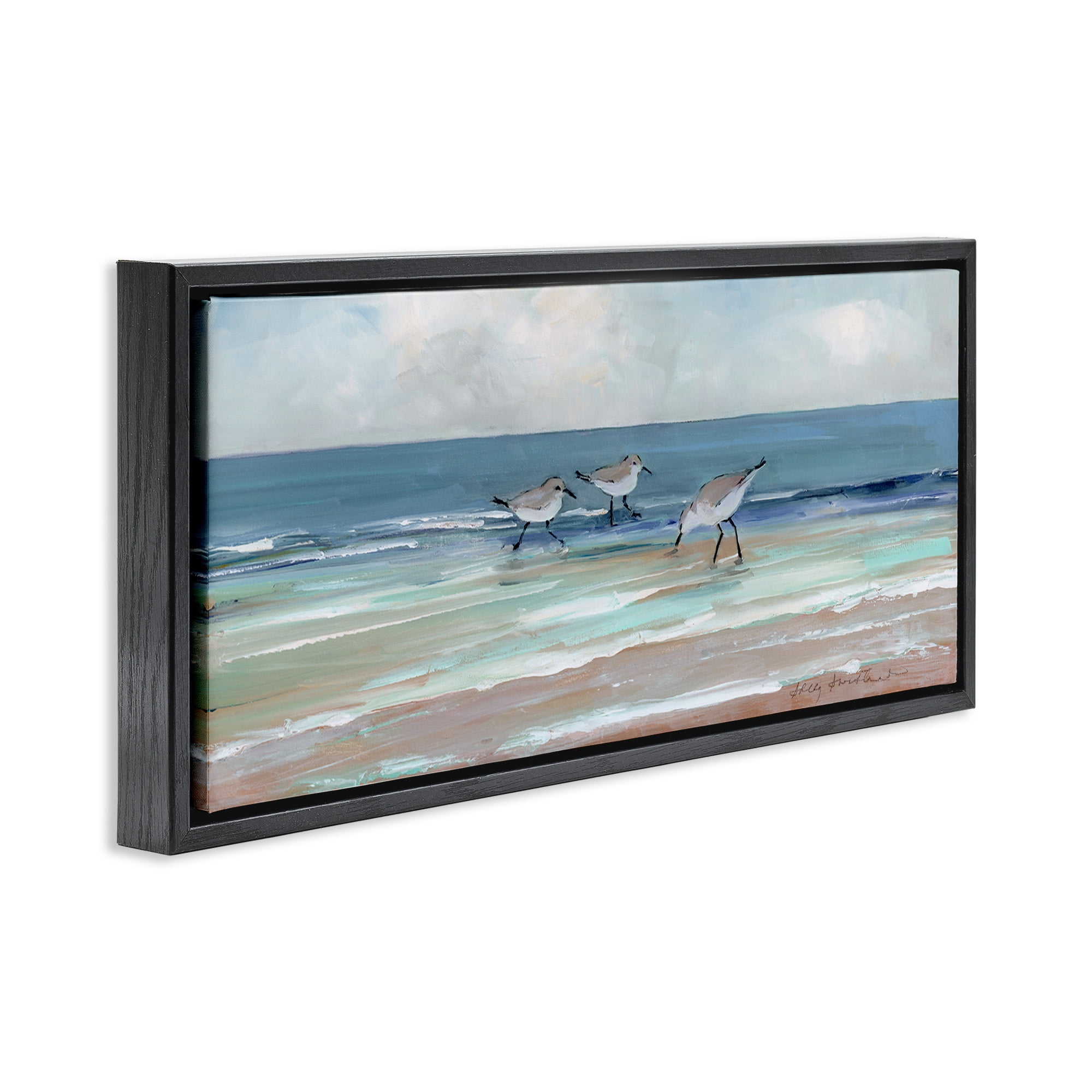 Stupell Industries Panoramic Sandpipers on Shoreline Nature Painting Black Floater Framed Canvas Art Print Wall Art, 25 x 11