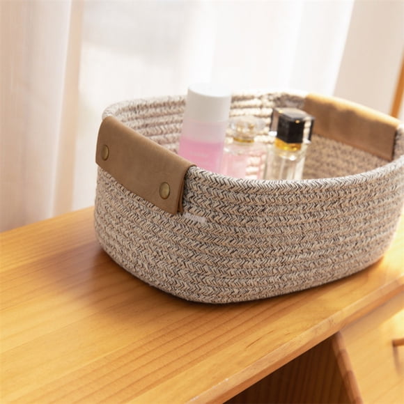 Small Cotton Woven Basket with PU Leather Handle, Clothes Toys Candy Gifts Cotton Rope Organizer, Living Room Basket Bathroom Shower Storage Laundry Basket, Dog Cat Bed, Fall Basket, 1 Pcs