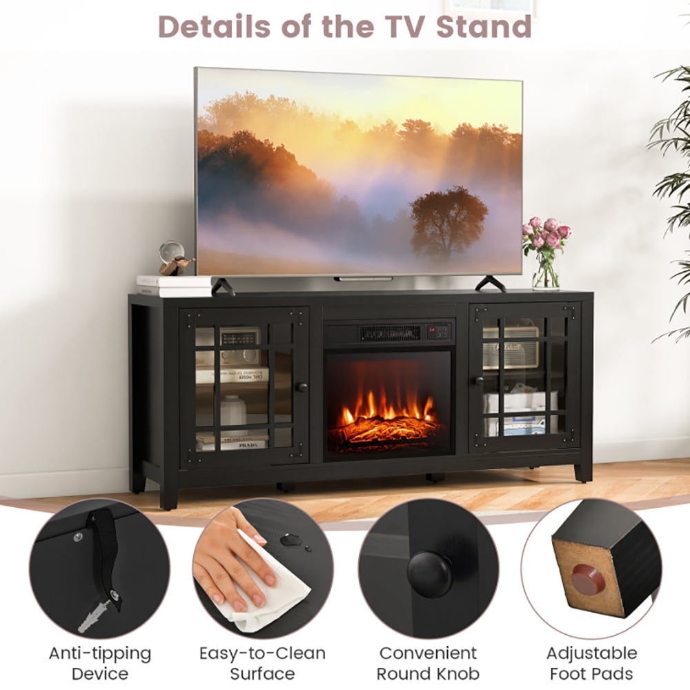 Finihen TV Stand, TV Cabinet, 58 Inch Fireplace TV Stand with Adjustable Shelves for TVs up to 65 Inch, Media Entertainment Center with Storage, for Living Room, Bedroom, Black