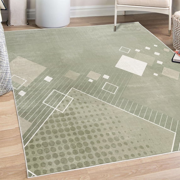 Abstract Decorative Rug, Geometric Composition Different Colored Squares Striped Dotted Rhombus, Quality Carpet for Bedroom Dorm and Living Room, 6 Sizes, Pale Sage, by Ambesonne