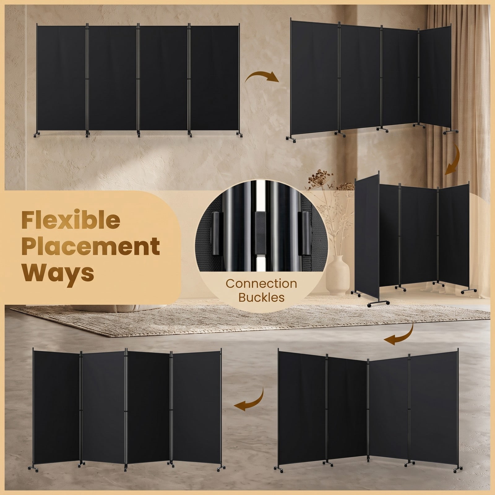 ALPULON 4 Panel Folding Privacy Screen Room Divider with Universal Wheels, Freestanding Portable Polyester Fabric Partition Panel for Living Room Bedroom Office, Black