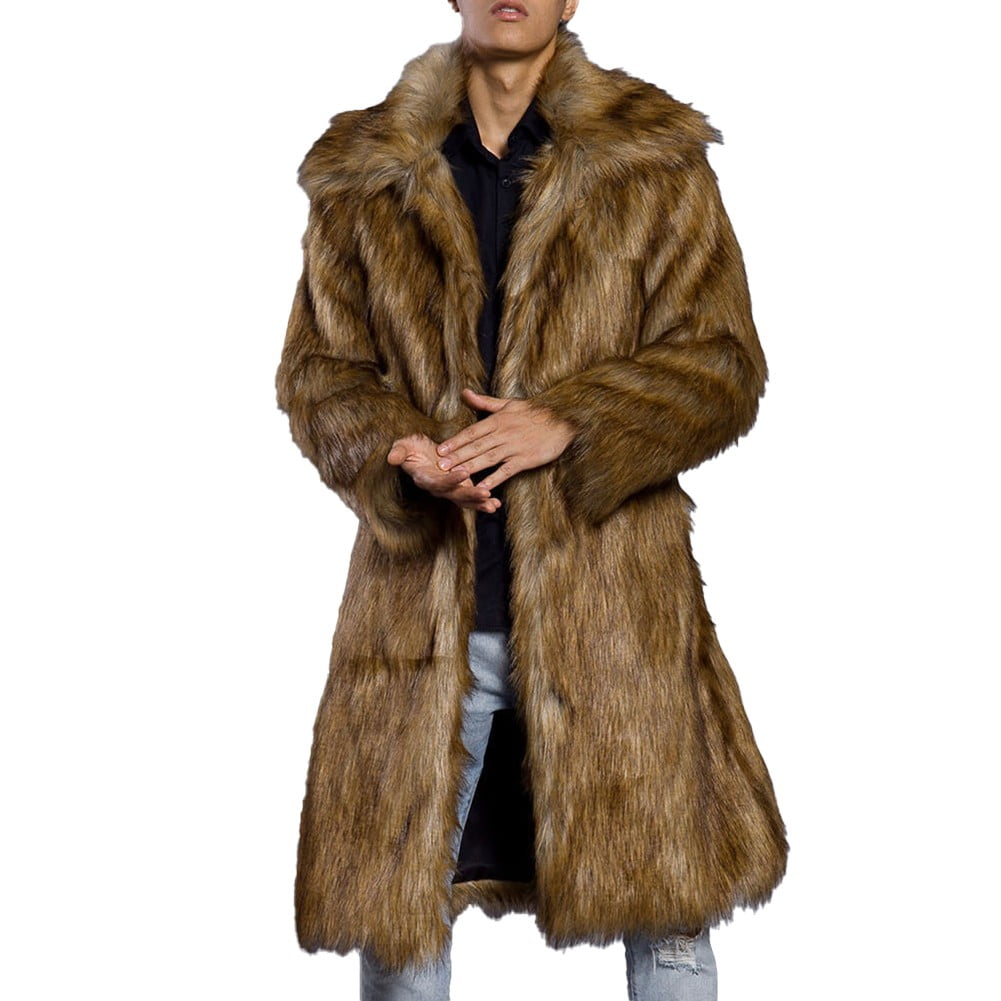 YJKIS Men Long Faux Fur Coat Fluffy Fur Collar Luxury Outerwear
