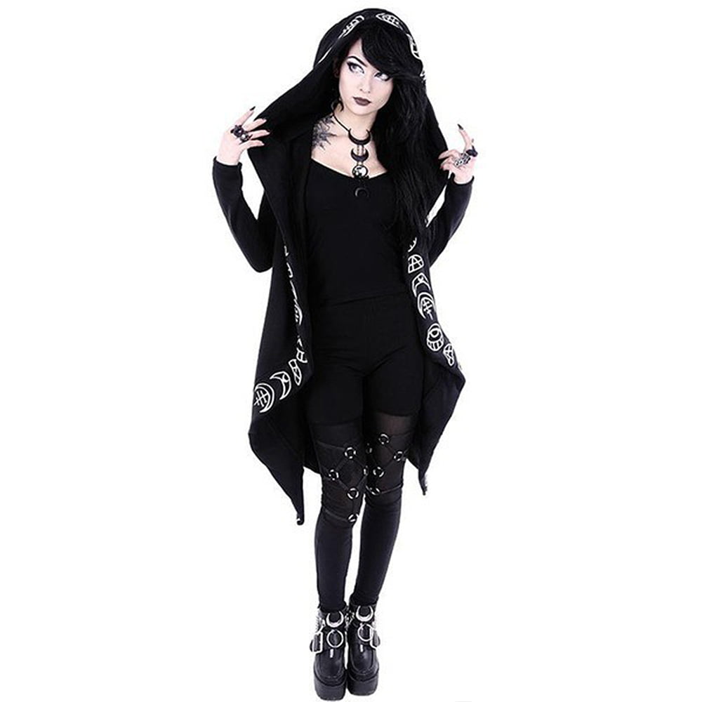 Women Plus Size Gothic Clothes Hooded Jackets Coats Cardigan Black Vintage Moon Printed Punk Goth Clothing S-5XL 