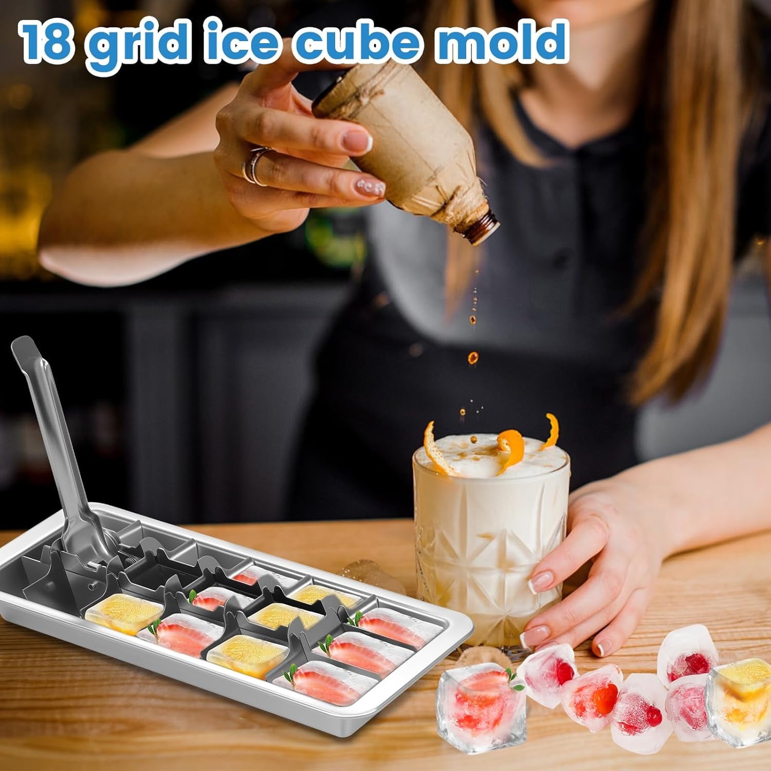 2 Pcs Stainless Steel Ice Cube Tray 18 Slot Ice Cube Maker Metal Ice Cube Mold with Easy Release Handle for Kitchen & Bar,Heavy Duty-Removal and Cleaning