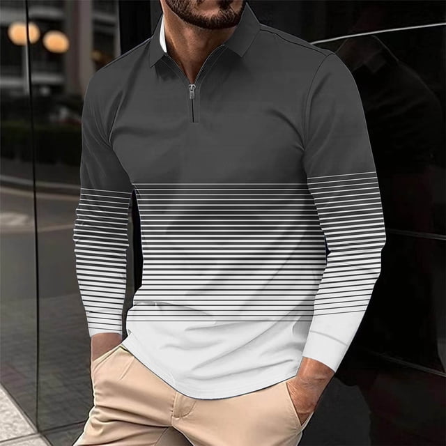 Blusa y camisa de manga larga con cuello vuelto para hombre, informal, holgada, con cremallera, a rayas, estampada, de poliéster.