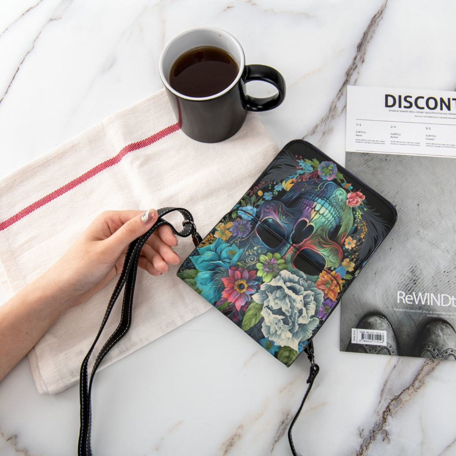 Floral Sugar Skull Flowers Cell Phone Purse Small Crossbody Bag with Strap Credit Card Slots Leather Shoulder Wallet for Women