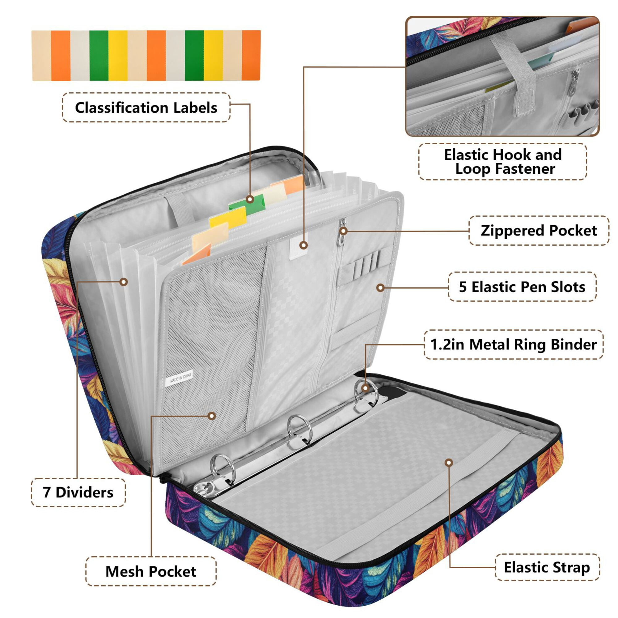 FORMRS Accordion File Folder A4 Size 7-Pocket Expanding Document Organizer Bag with 3 Ring Binder, Colorful Art Leaves Pattern