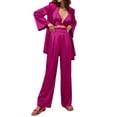 thumbnail image 1 of Sunloudy Trajes de color sólido para mujer, tops de sostén con cuello halter amarrado, abrigo de traje con cinturón de solapa de manga larga, pantalones de pierna recta Sunloudy moda, 1 of 10