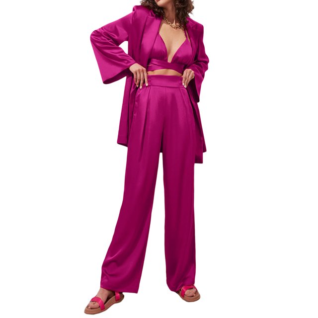 Sunloudy Trajes de color sólido para mujer, tops de sostén con cuello halter amarrado, abrigo de traje con cinturón de solapa de manga larga, pantalones de pierna recta Sunloudy moda
