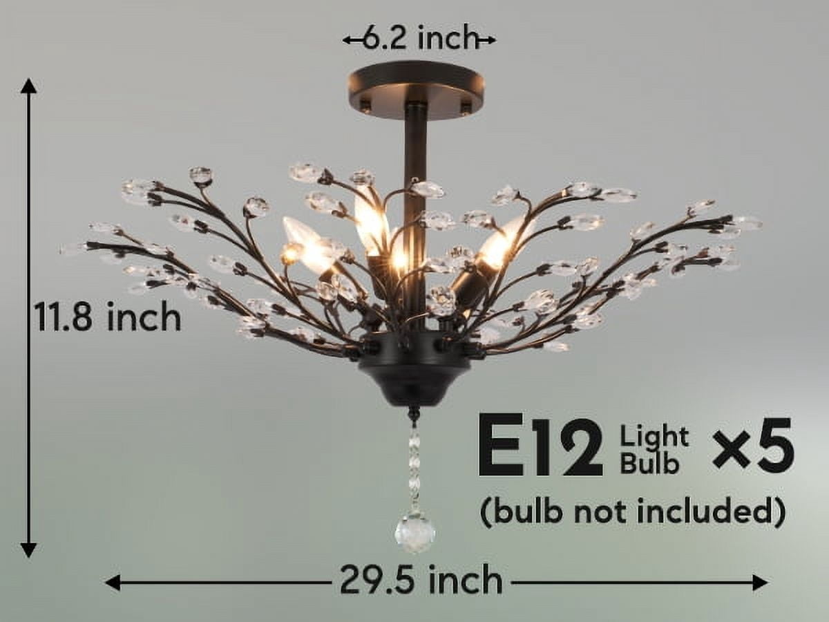 Vintage Large Crystal Branches Chandeliers Black Close to Ceiling Light Flush Mount Fixture with 5 Light