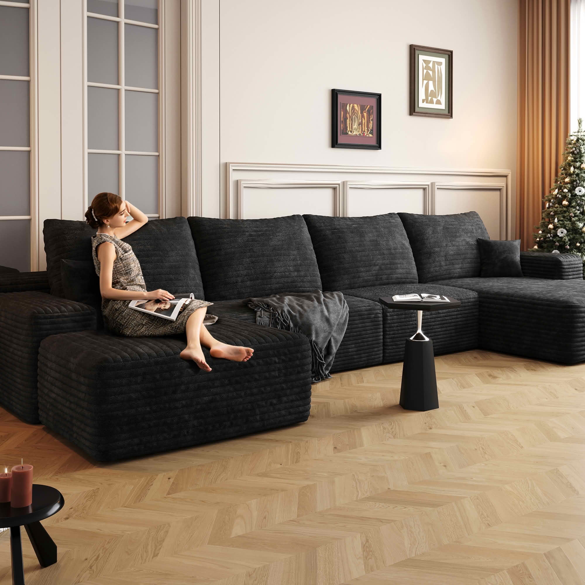MAYEERTY 135" Cloud Sectional Sofa with Ottoman, U Shaped Deep Seat Couch, Plush Corduroy Fabric, No Assembly Required, Black