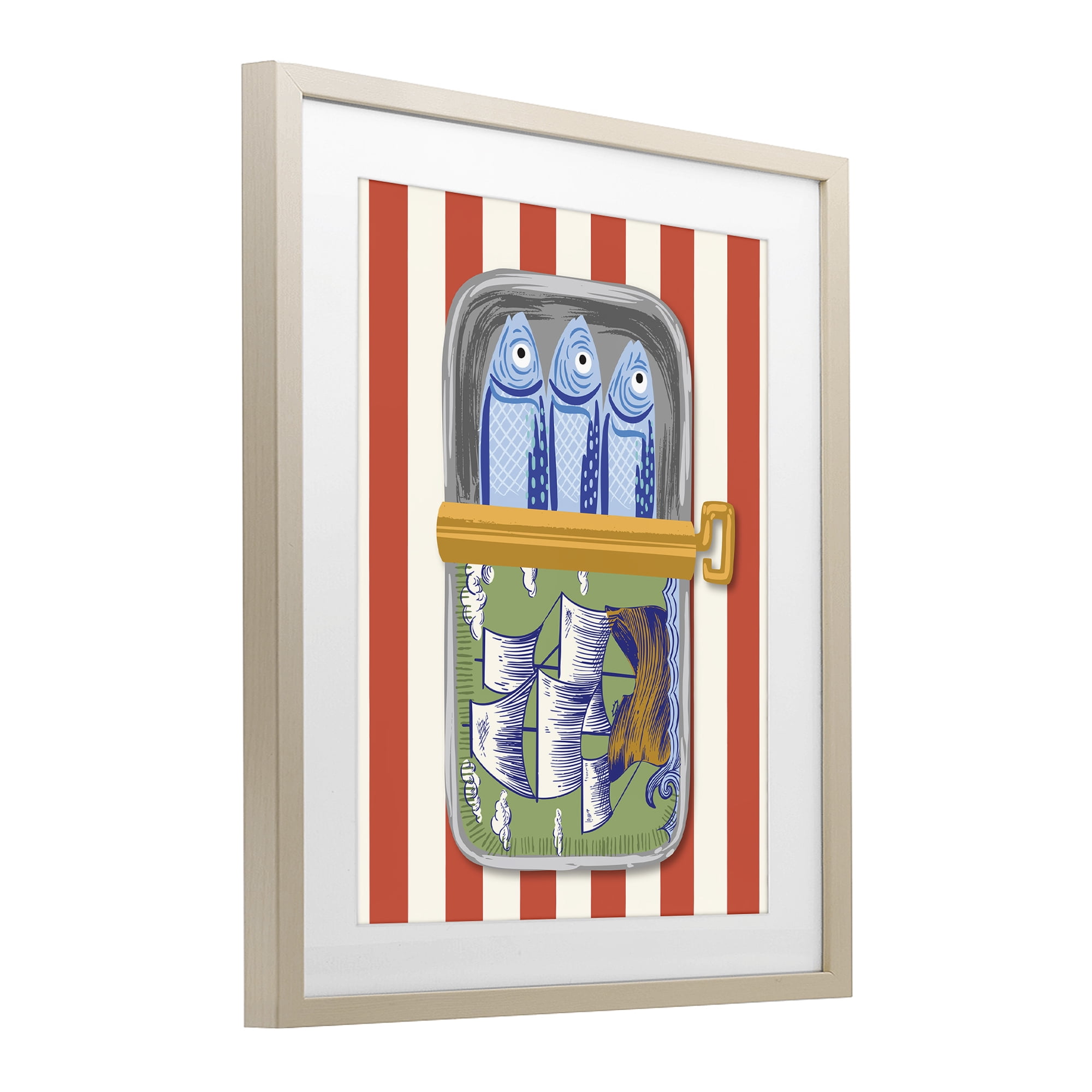 Stupell Industries Sardines with Antique Ship Birch Framed Print Under Glass, design by Arrolynn Weiderhold