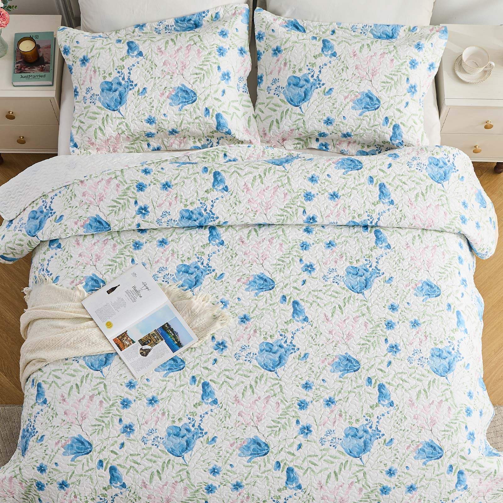 Hitime Luxury Printed Quilt Set King Size, Lightweight Comforter Set, Oversized Bedspread Coverlet Quilted Bedding Set, with 2 Matching Pillowcases, for All Season