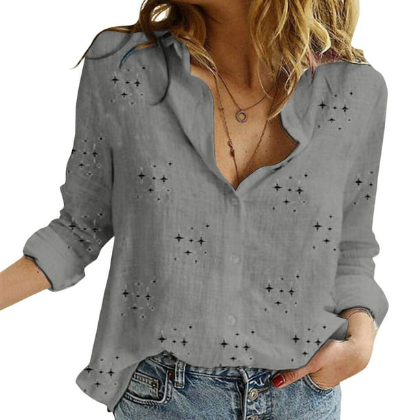 Blusa de lino con cuello en V y botones, manga larga, estilo informal y holgado, para la oficina, poliéster-spandex, tallas S-XXL