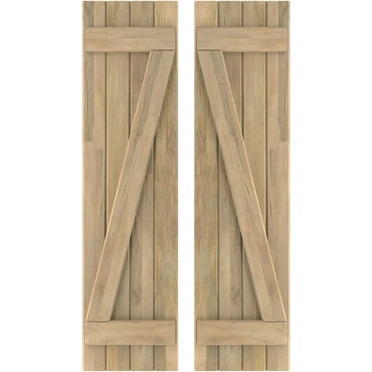 Ekena Millwork 14"W x 44"H Americraft Four Board (2 Batten) Exterior Real Wood Joined Board-n-Batten Shutters w/ Z-Bar (Per Pair), Unfinished