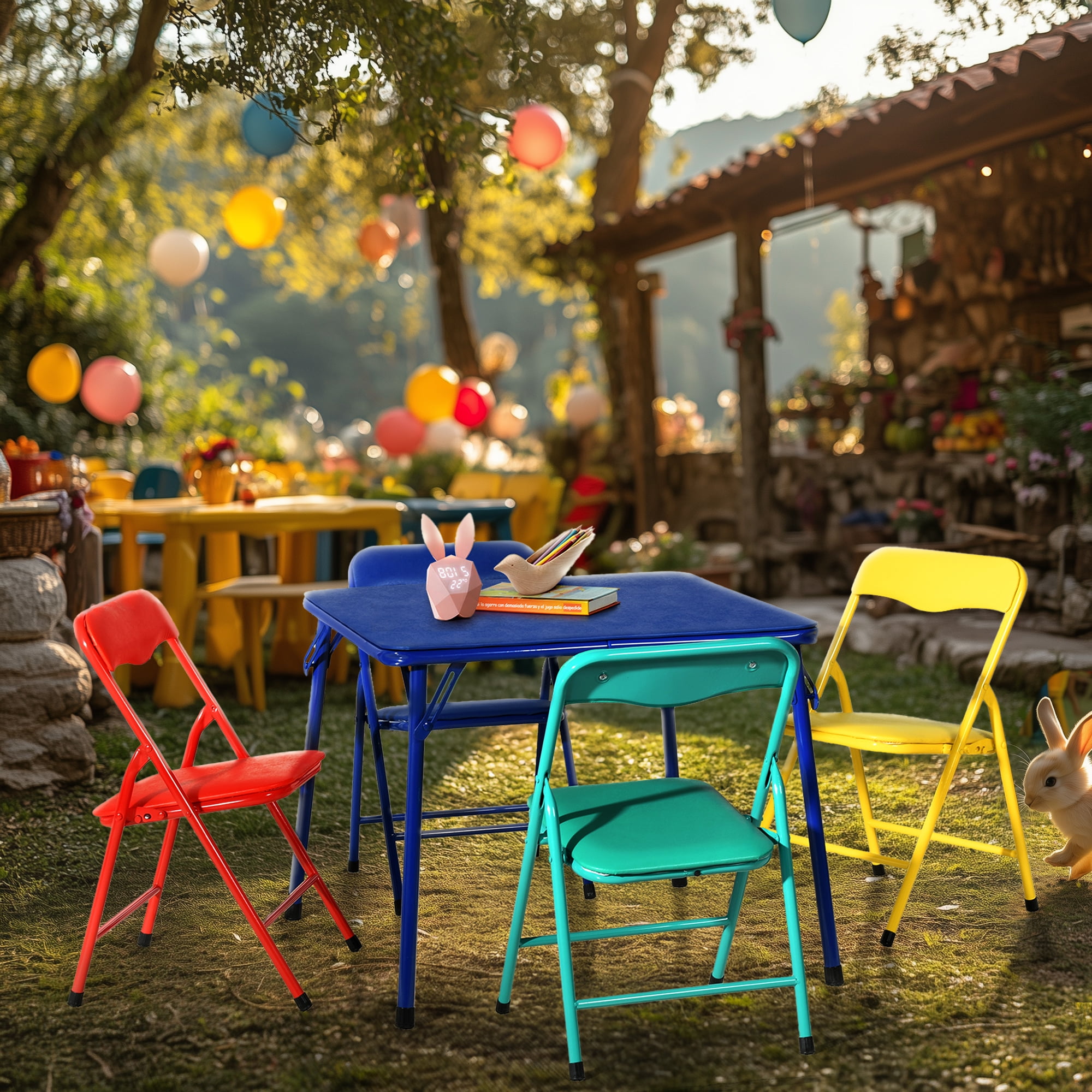 5-Piece Kids Folding Table and Chairs Set, Multicolor Square Activity Table with 4 Chairs, Foldable Vinyl Furniture for Daycare Classroom Playroom