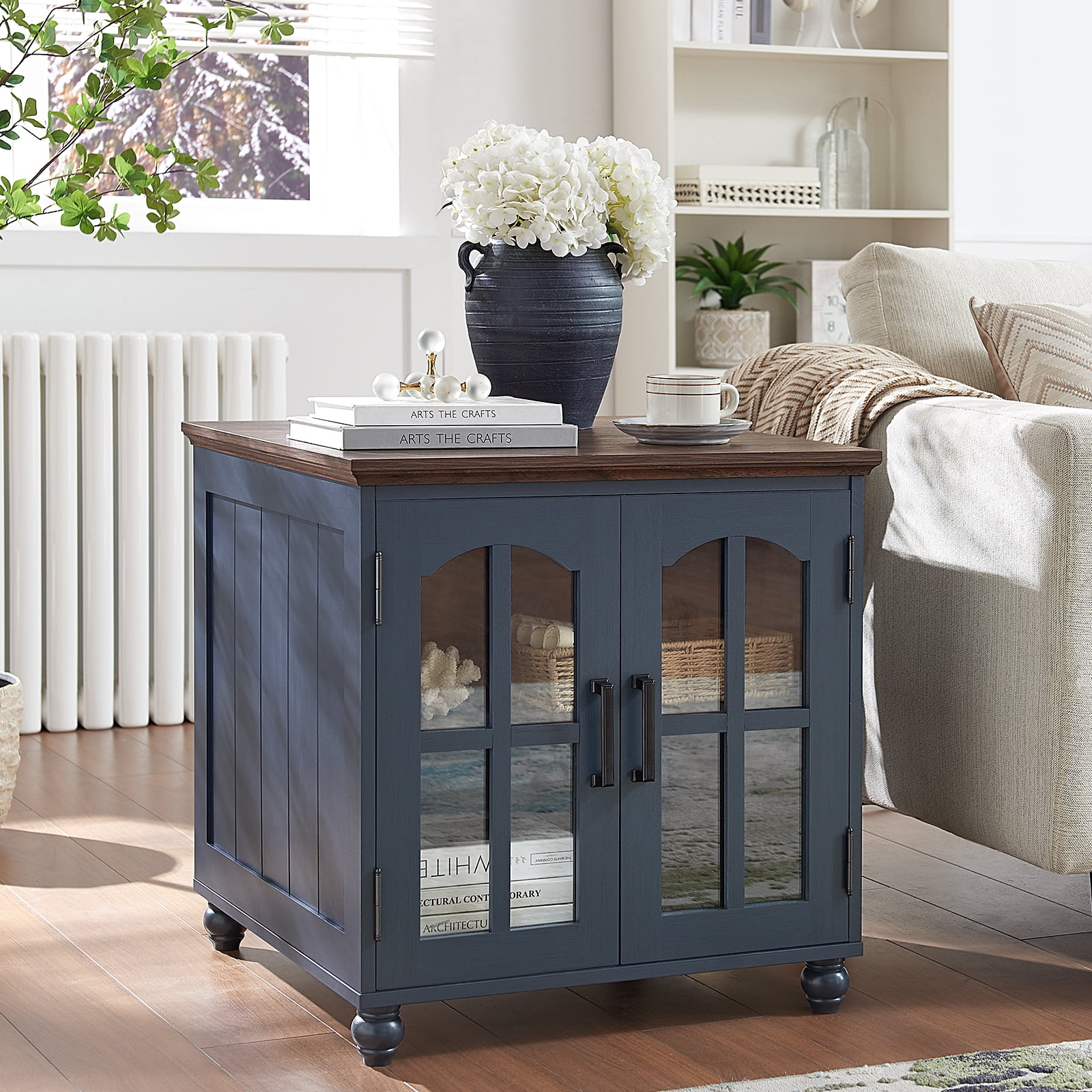 Farmhouse End Table with Charging Station Set of 2, 24" Large Sofa Side Table with Glass Barn Door, Night Stand with Adjustable Shelf, Square Bedside Table for Living Room, Blue