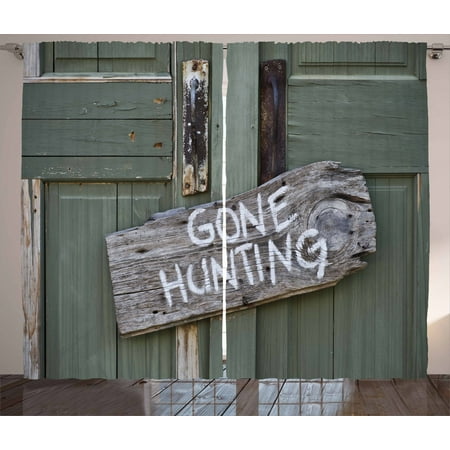 Out Door Settings Hunting Decor Curtains 2 Panels Set, Gone Hunting Written on Wooden Board Old Worn Out Cottage Door Seasonal Hobby, Window Drapes for Living Room Bedroom, 108W X 84L Inches, Multicolor, by Ambesonne ()