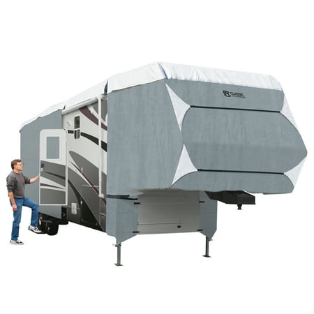 Classic Accessories OverDrive PolyPRO™ 3 Deluxe Extra Tall 5th Wheel Cover or Toy Hauler Cover, Fits 37' - 41' RVs - Max Weather Protection RV Cover, Grey/Snow (Best Quality 5th Wheel Manufacturers)