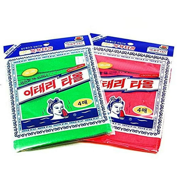 Korean Asian Exfoliating Bath Washcloth Towel 8pcs(Green4-Red4) GOLDSANGSA