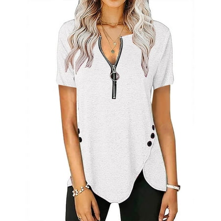 

Zipper V Neck Tops for Women Summer Casual Irregular Hem Short Sleeve Button Side Tunic T-Shirts Loose Solod Blouses