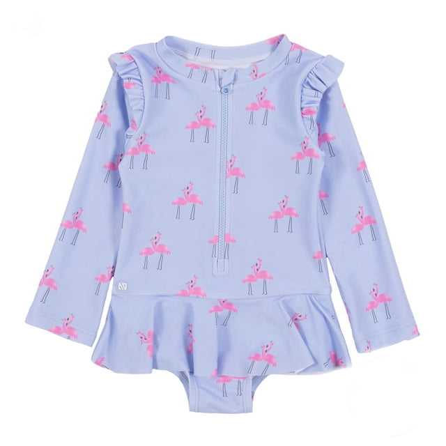 Nano Maillot de Bain une Pièce pour Filles (UBF 50+) - Flamants Roses Bleu Pâle (3 Ans)