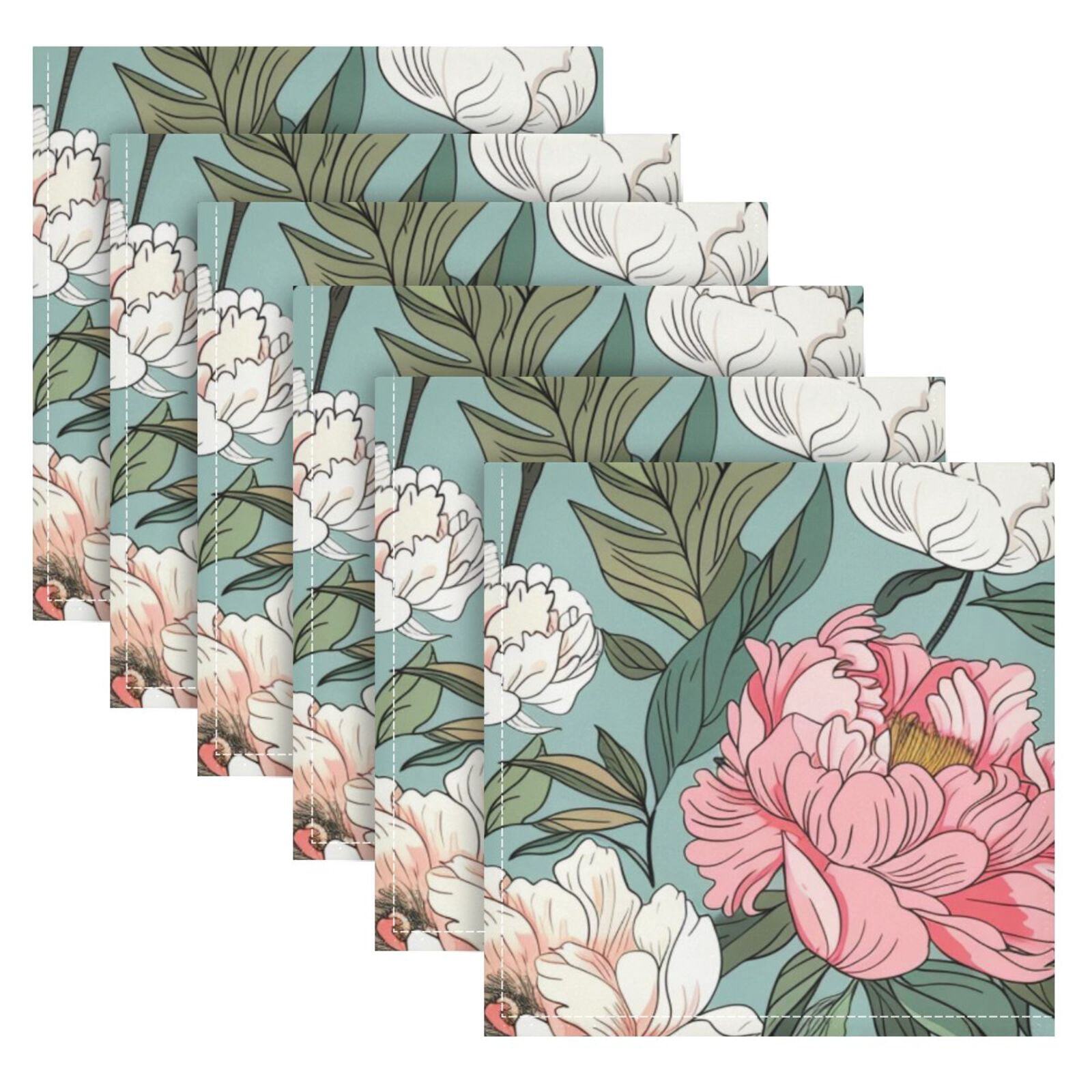 JSTEL Peony Flowers Crane Cloth Napkins Set of 6, 20x20 Inch Washable and Reusable Napkin for Decoupage Dinner Party Everyday Use