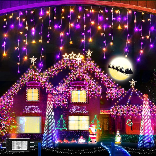 Christmas Lights Outdoor 640 LED Curtain Fairy String Light with 120 Drops 65ft 8 Modes iciclelights Memory Function Christmas Party Decorations Indoor Holiday Orange+light Blue 640LED 65.6ft 8Modes