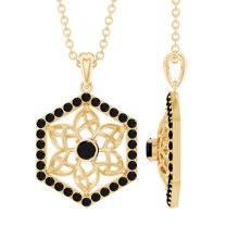 Rosec Jewels Natural Black Diamond Flower Pendant Necklace - Geometric Hexagon Necklace - AAA Quality - with Jewelry Box, 14K Yellow Gold