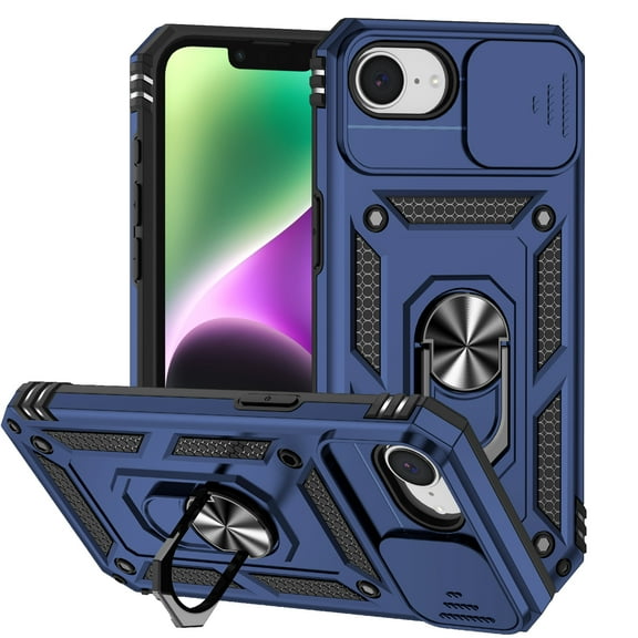 ELEHOLD Case For iPhone 17e Magnetic Ring Kickstand Case, Military Grade Shockproof Rugged Cover, with Sliding Camera Lens Protective Cover, Blue