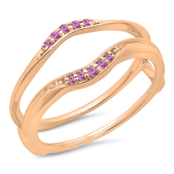 0.10 Carat (ctw) 18K Rose Gold Round Pink Sapphire Ladies Anniversary Wedding Band Guard Double Ring 1/10 CT