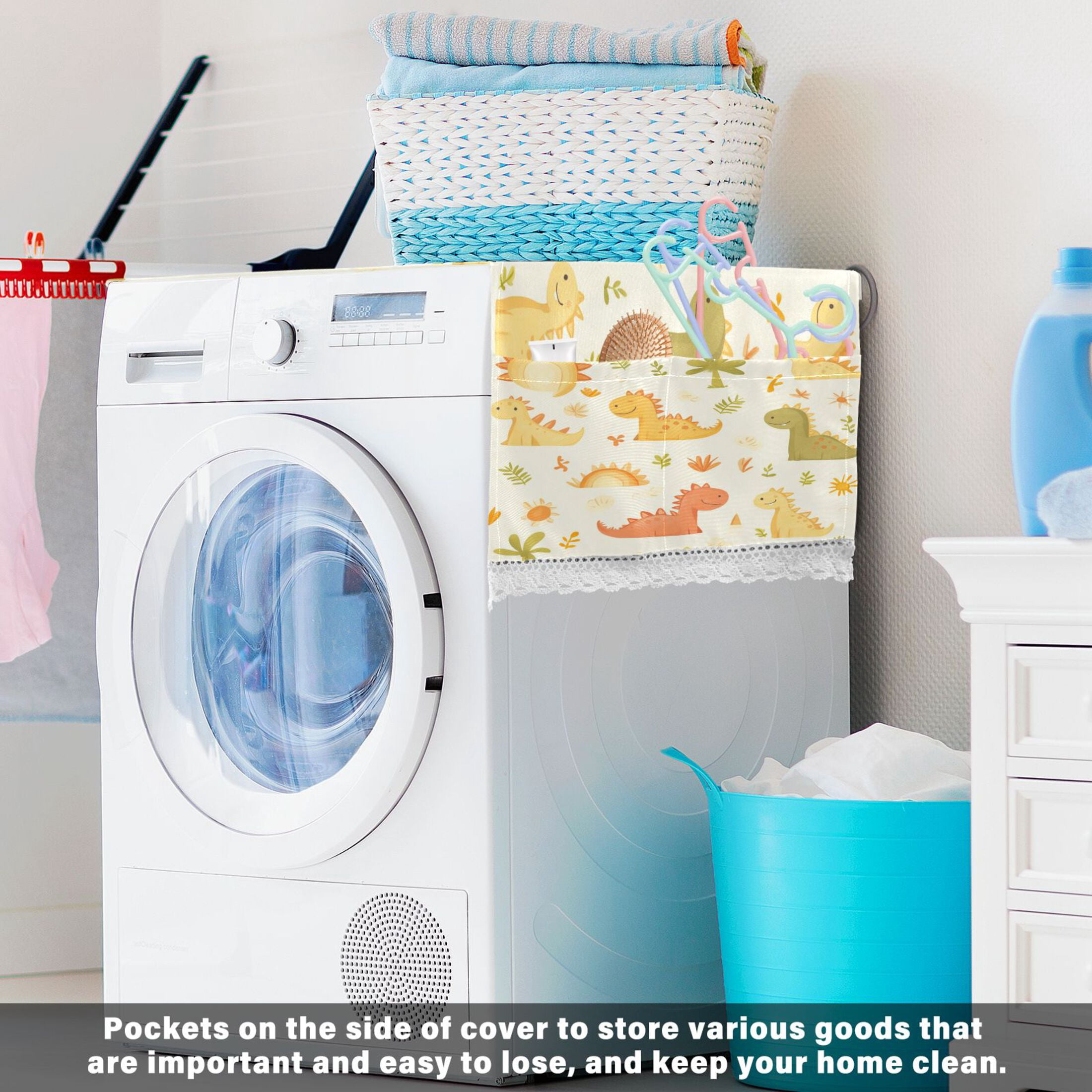 Cute DinoscorWasher and Dryer Covers Dust-Proof and Oil Resistant Fridge Cover with 4 Storage Pockets Washing Machine Top Cover for Laundry Kitchen Home 51.2 x 22 In