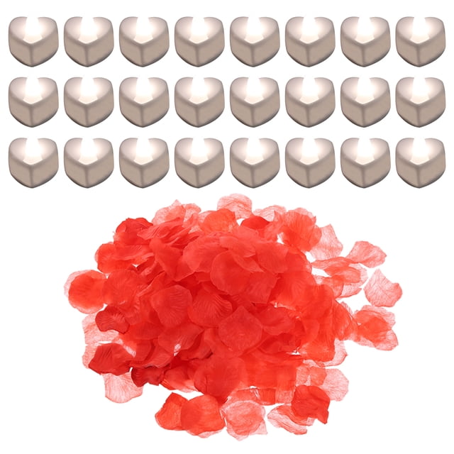 Unique Bargains Bougies LED en Forme de Cœur Sans Flamme, Lumière Blanche avec Pétales de Rose Rouges Artificiels, Lot de 24