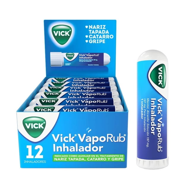 Vick Vaporub - Vaporub Inhalador, 197 mg, para Gripe y Resfriado, con Aroma a Mentol, Eucalipto y Alcanfor, 12 Unidades Vicks NA