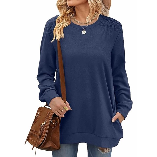 Pudcoco Sweat-Shirt Ample à Manches Longues Col Rond Couleur Unie pour Femmes Printemps Automne