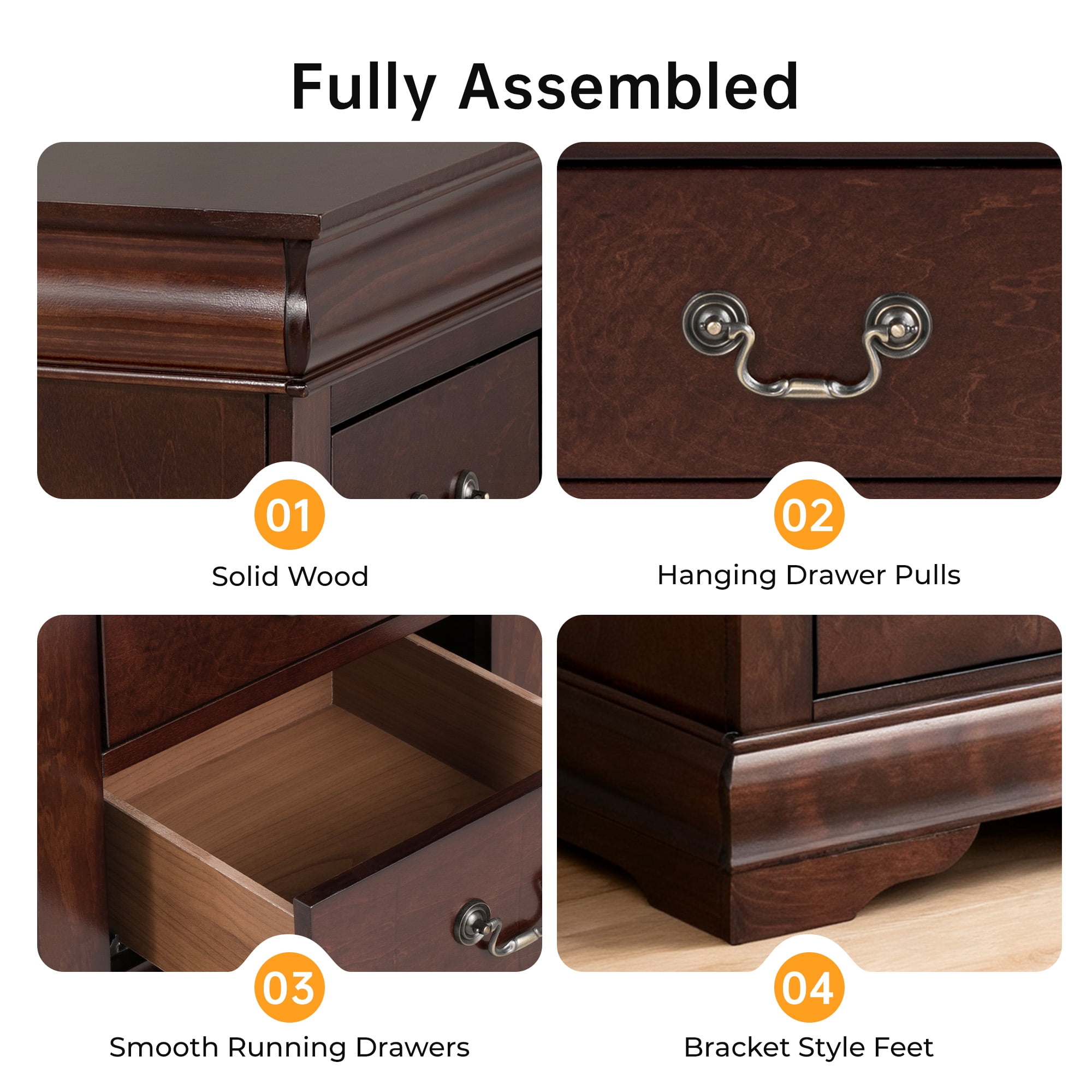 Leovanni Solid Wood Nightstand , End Table with Drawers and Metal Handles, No Assembly Required, For Bedroom, Living Room, Adult, Cherry