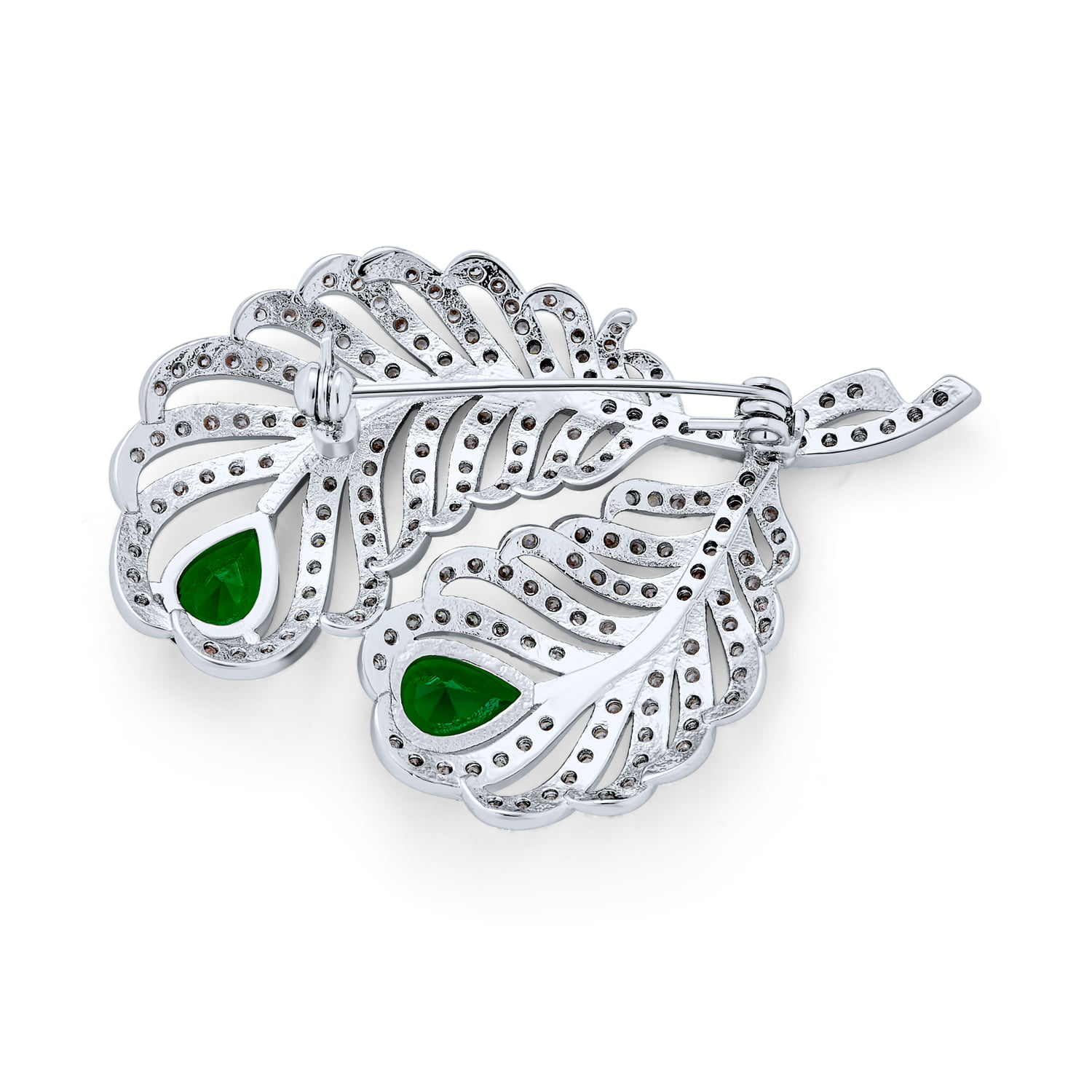 Large White Green CZ Pear Shape Peacock Feather Brooch Pin for Women Simulated Emerald Teardrop Rhodium Plated Brass