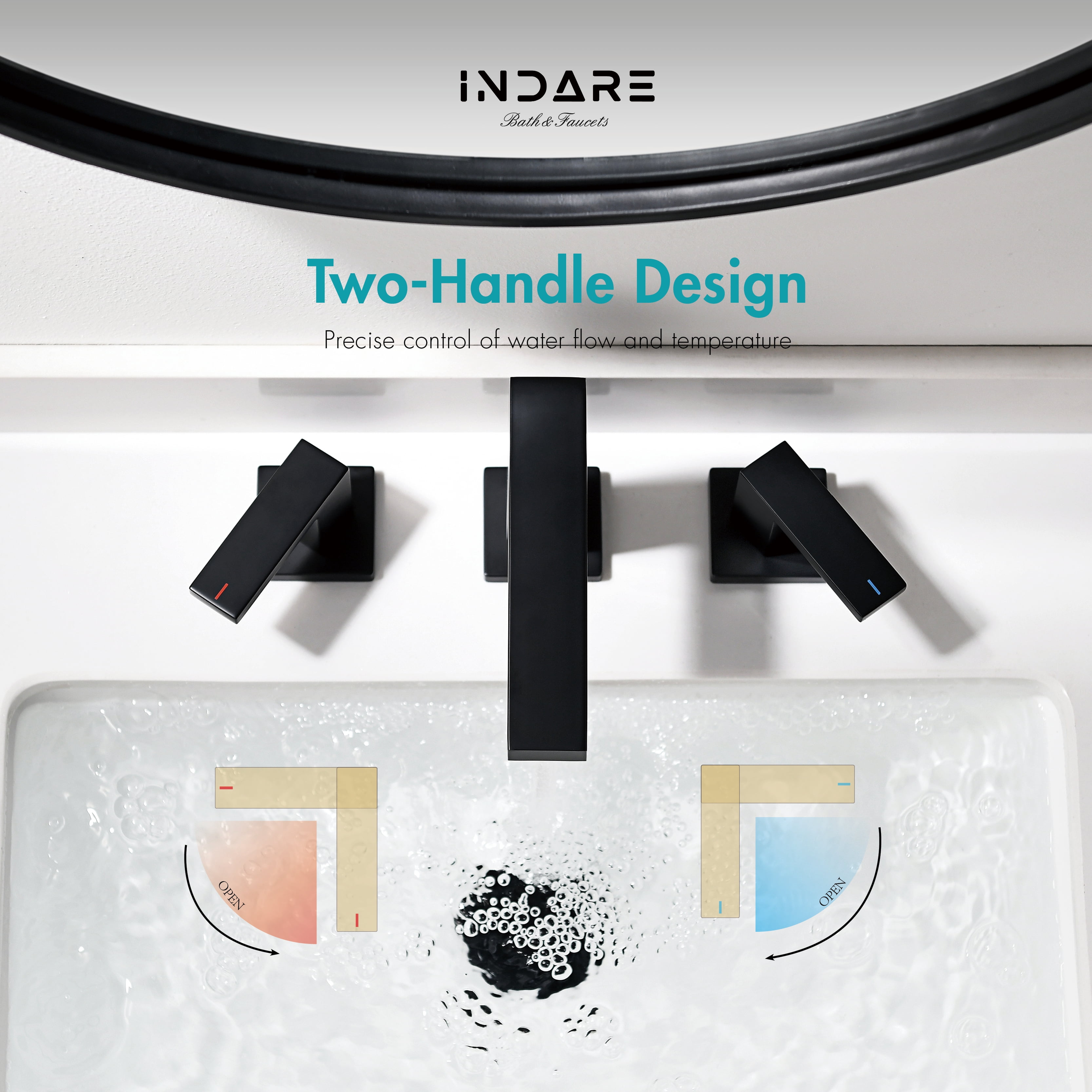 INDARE Bathroom Faucets，Black Bathroom Faucet，4 Inch 8 Inch Widespread Bathroom Faucets for Sink 3 Hole Brass Matte Black with Bathroom Sink Drain