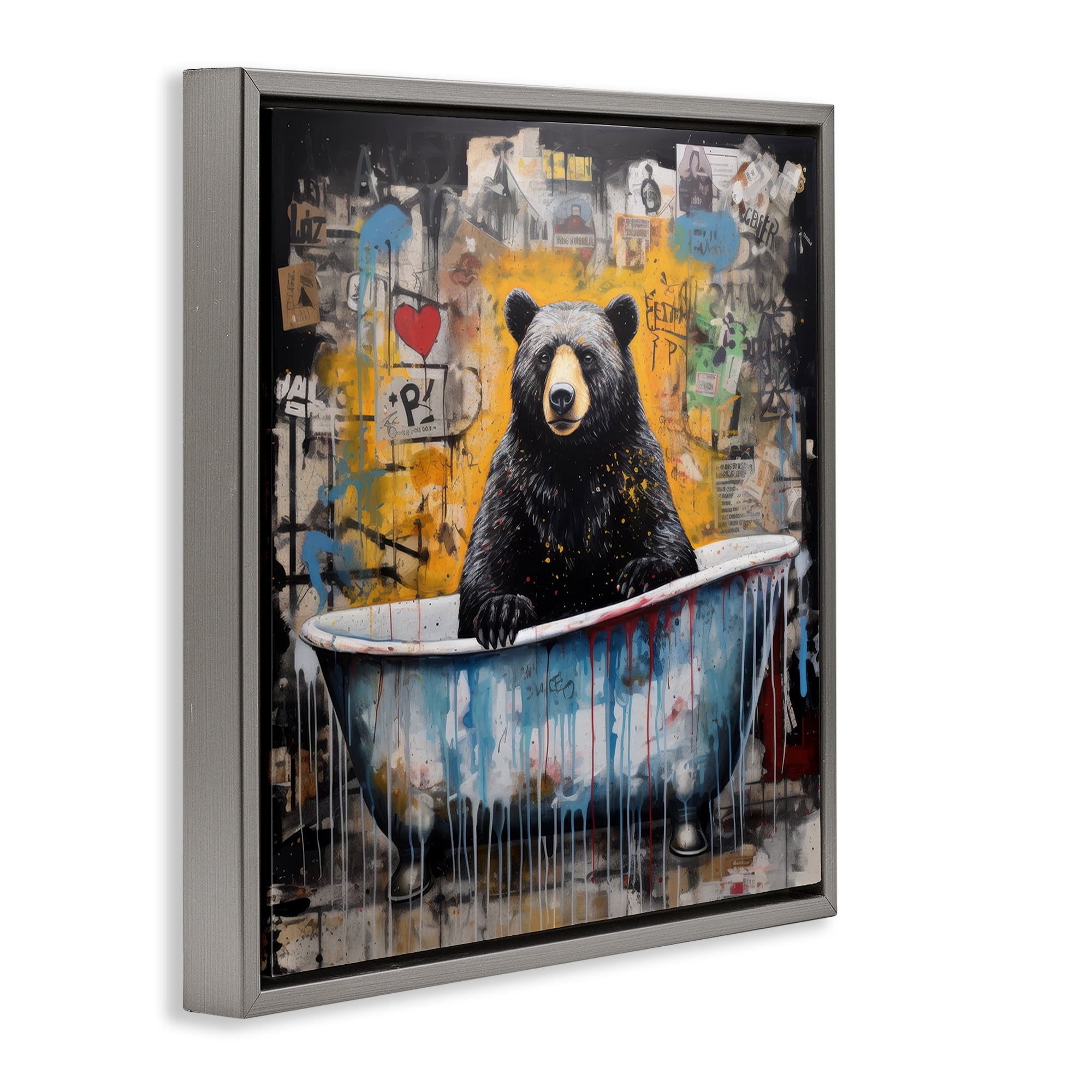 Stupell Industries Graffiti Bathing Bear Typography Painting Gray Floater Framed Canvas Art Print Wall Art, 18 x 18