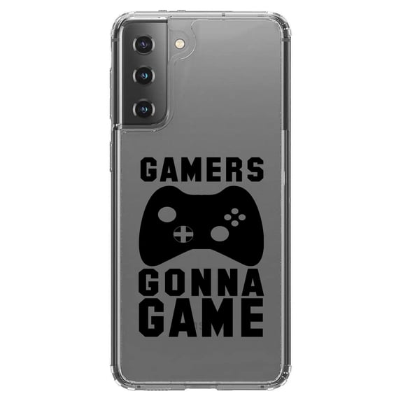 DistinctInk Clear Shockproof Hybrid Case for Galaxy S21  PLUS 5G (6.7" Screen) - TPU Bumper Acrylic Back Tempered Glass Screen Protector - Gamers Gonna Game - Video Games
