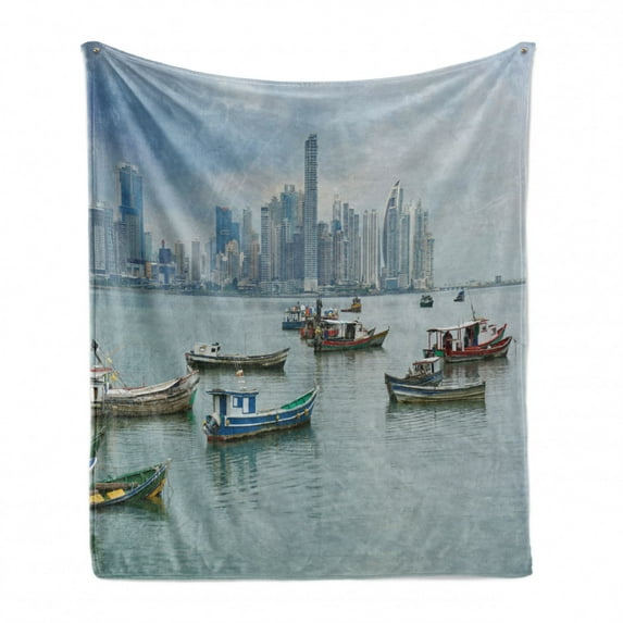 Landscape Soft Flannel Fleece Blanket, Anchored Fishing Boats Skyscrapers Panama Cityscape Pacific Coast Central America, Cozy Plush for Indoor and Outdoor Use, 60" x 80", Multicolor, by Ambesonne