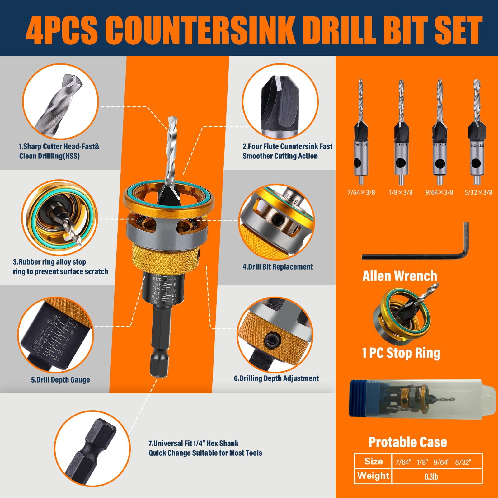 4-Piece Countersink Drill Bit Set – M2 HSS Pilot Bits with Adjustable Depth Stop, HCS Sharp Blades, 82° Imperial Standard for Wood, Aluminum & Non-Ferrous Metals