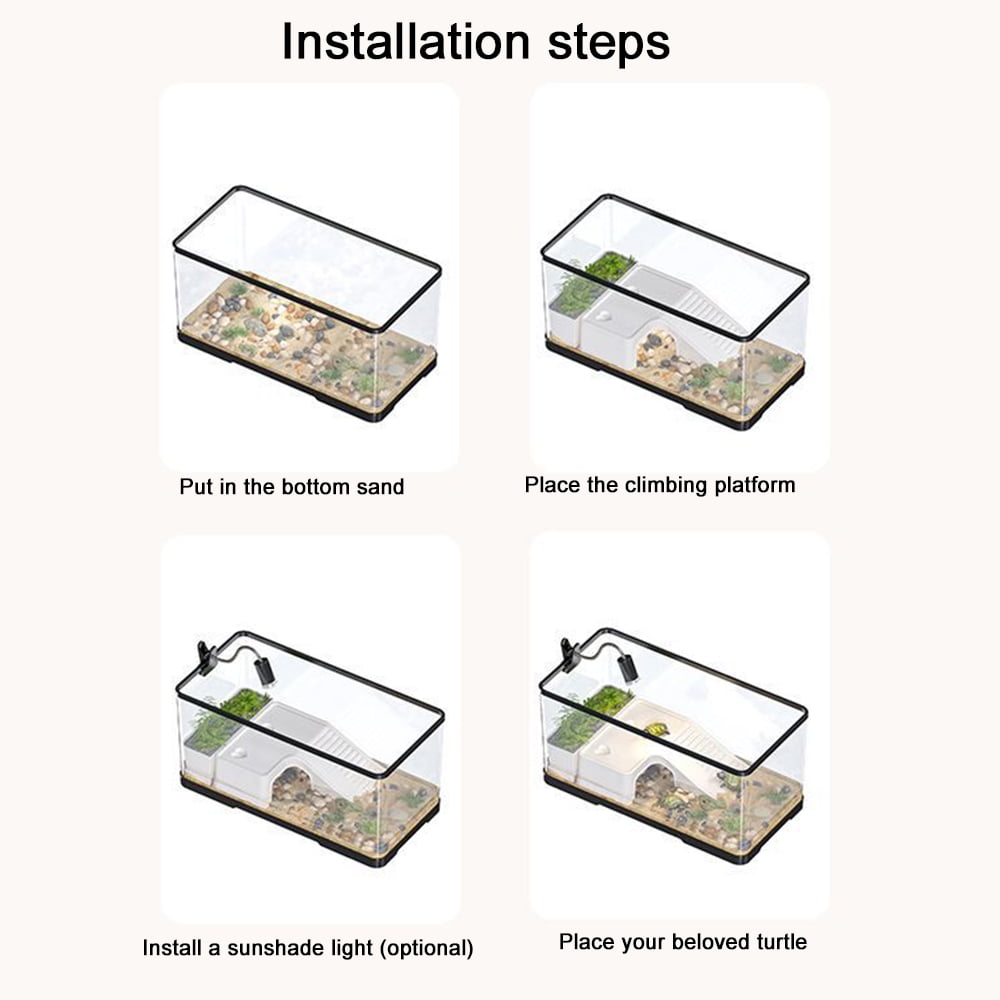 Rechale Turtle Tank, Turtle Aquarium with Basking Platform and Bottom Drainage,Basking Lamp & 9-in-1 Starter Kit (Decorative Plants Included) for Turtles, Crayfish, Crabs, Amphibians, Reptiles