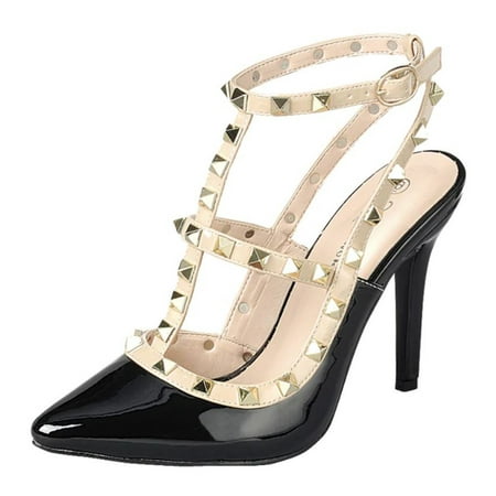 Forever Shoes Women Stiletto High Heels Pointy Toe Studded Pumps Ankle Strap Two Tone Biege Gold Accent STUDS-03 Black 8
