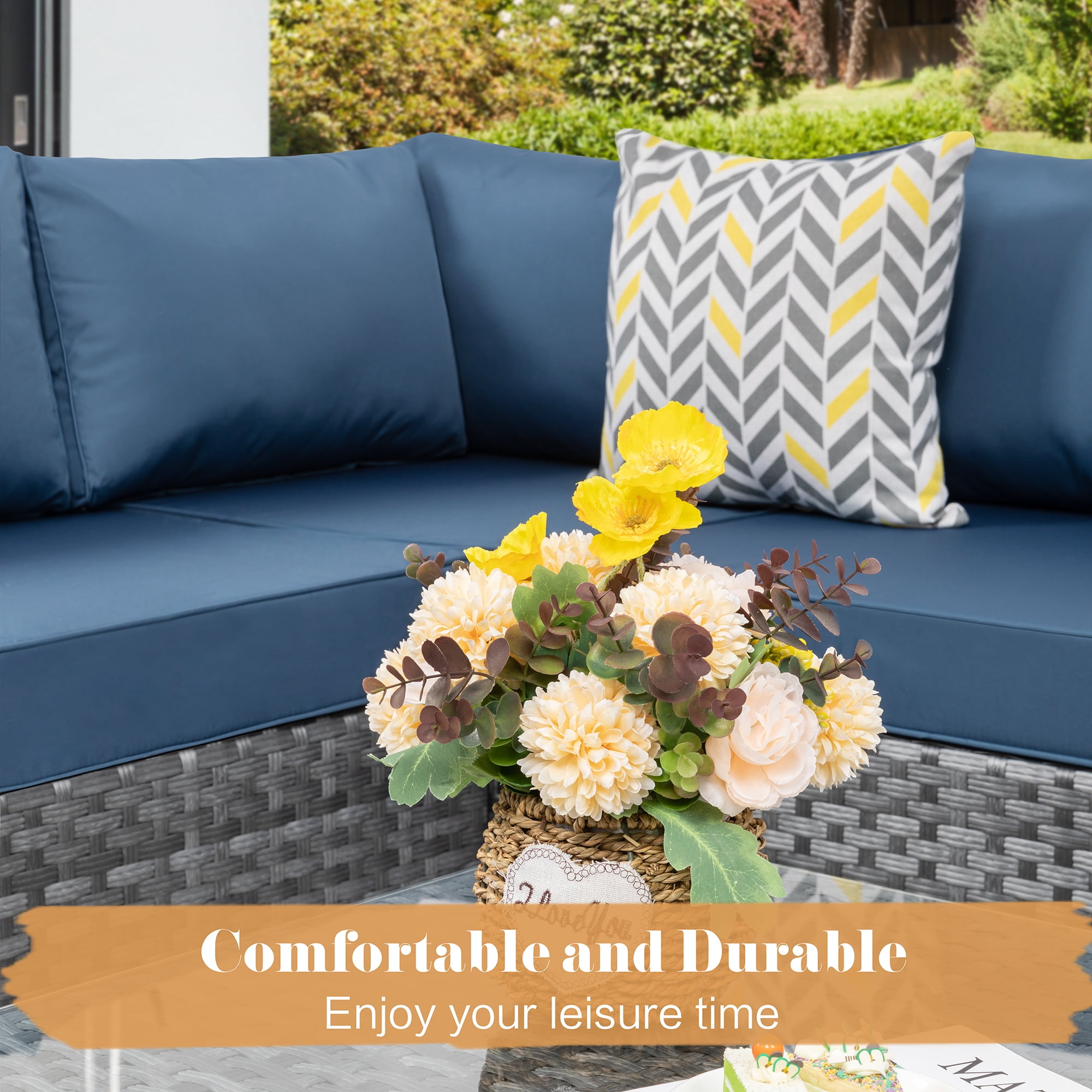 Walsunny 5 Pieces Patio Furniture Sets, Outdoor Wicker Rattan Patio Conversation Set with Cushions and Glass Table for Backyard, Garden,Pool, Silver Rattan Dark Blue Cushions