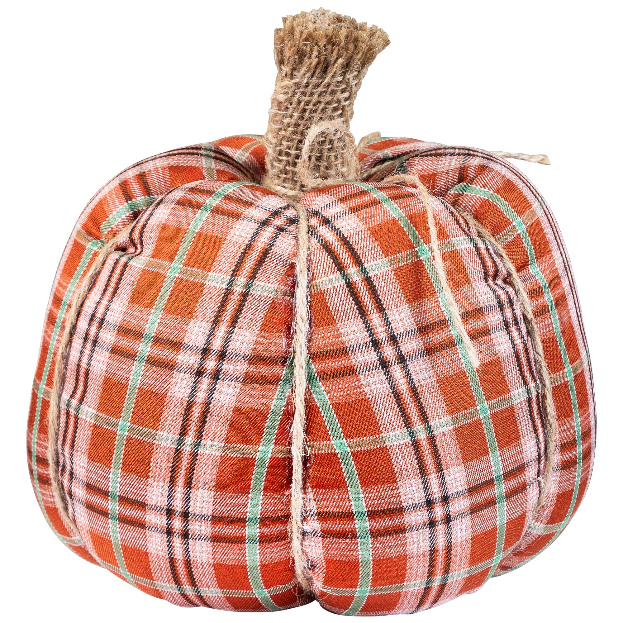 Plush Ribbed Plaid Fall Harvest Pumpkin - 8" - Orange and Green