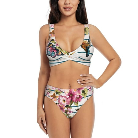 Zeuib Bird and Floral High Waisted Tummy Control Bikini Set - Knot Front Push Up Top & Cheeky Thong Bottom  Two-Piece Swimsuit for Women-Large