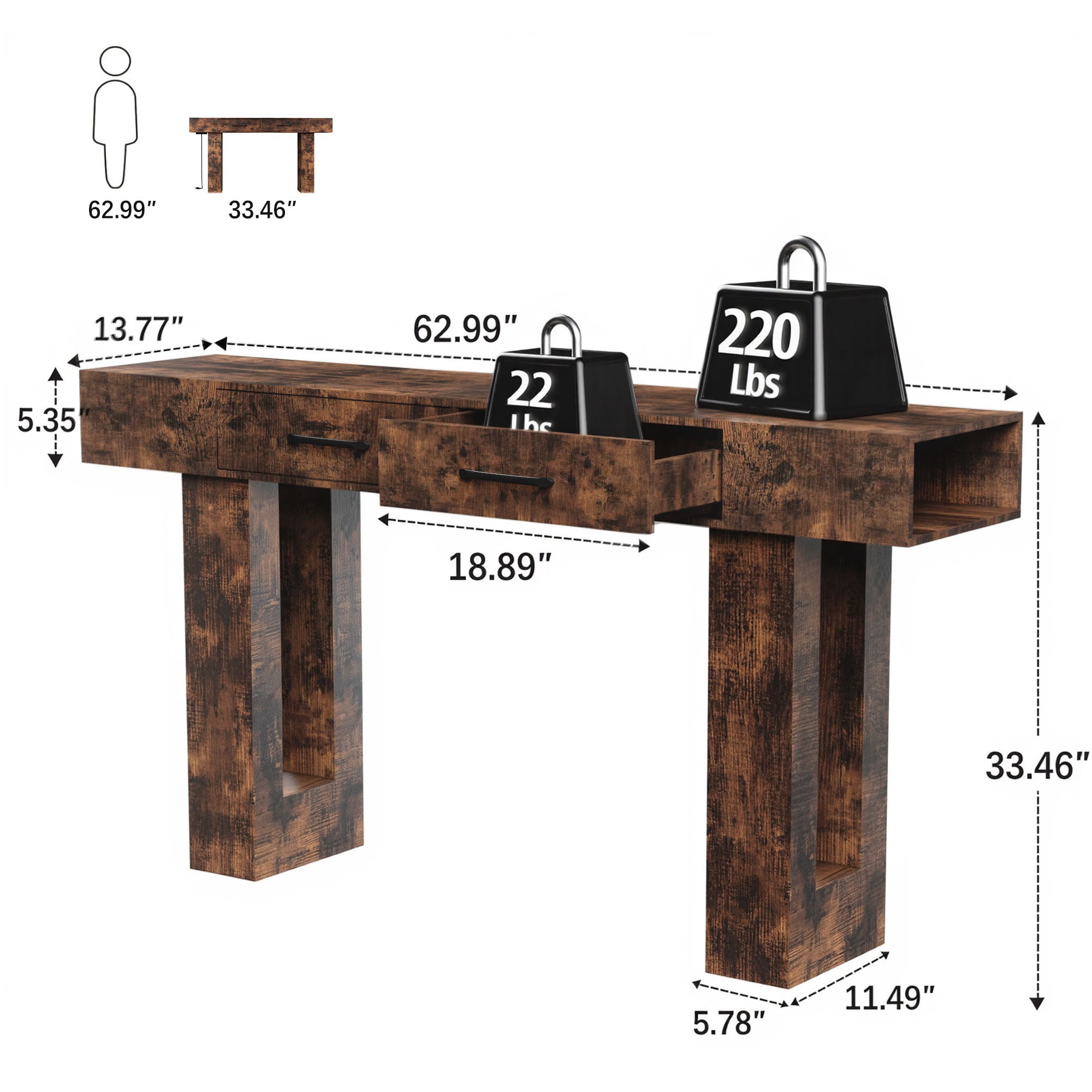 63" Long Console Table for Entryway, Holaki Console Table with Charging Station and 2 Drawer, Wooden Rectangular Sofa Table Behind Couch, Farmhouse Entryway Table for Hallway Living Room Entrance